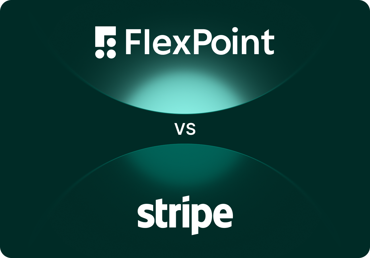 Graphic showing a comparison between FlexPoint and Stripe with logos on a dark background.