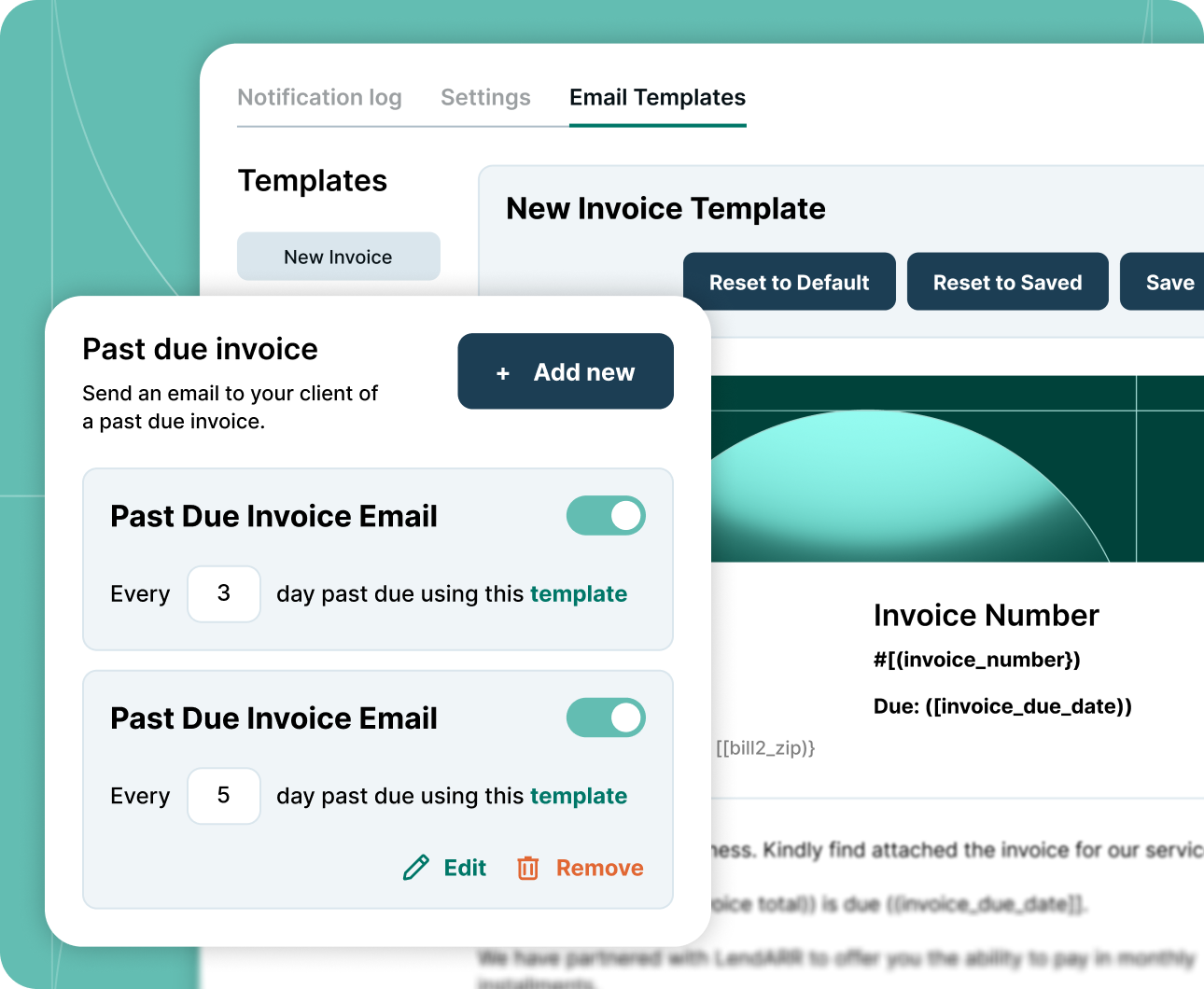 User interface showing email templates with past due invoice reminders set for 3 and 5 days intervals.