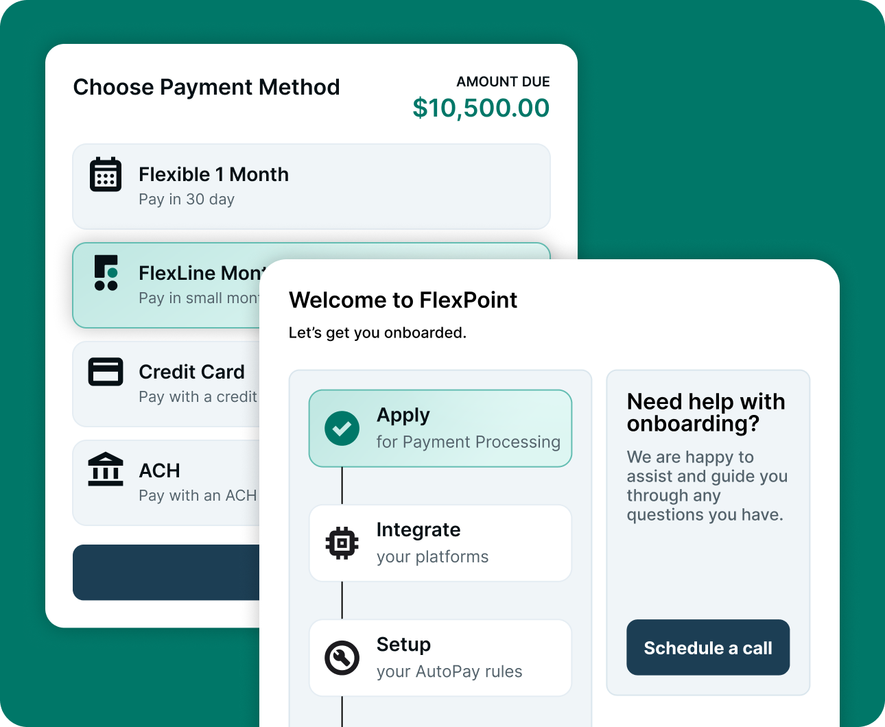 Payment methods screen showing options and onboarding steps for FlexPoint with a call scheduling button.