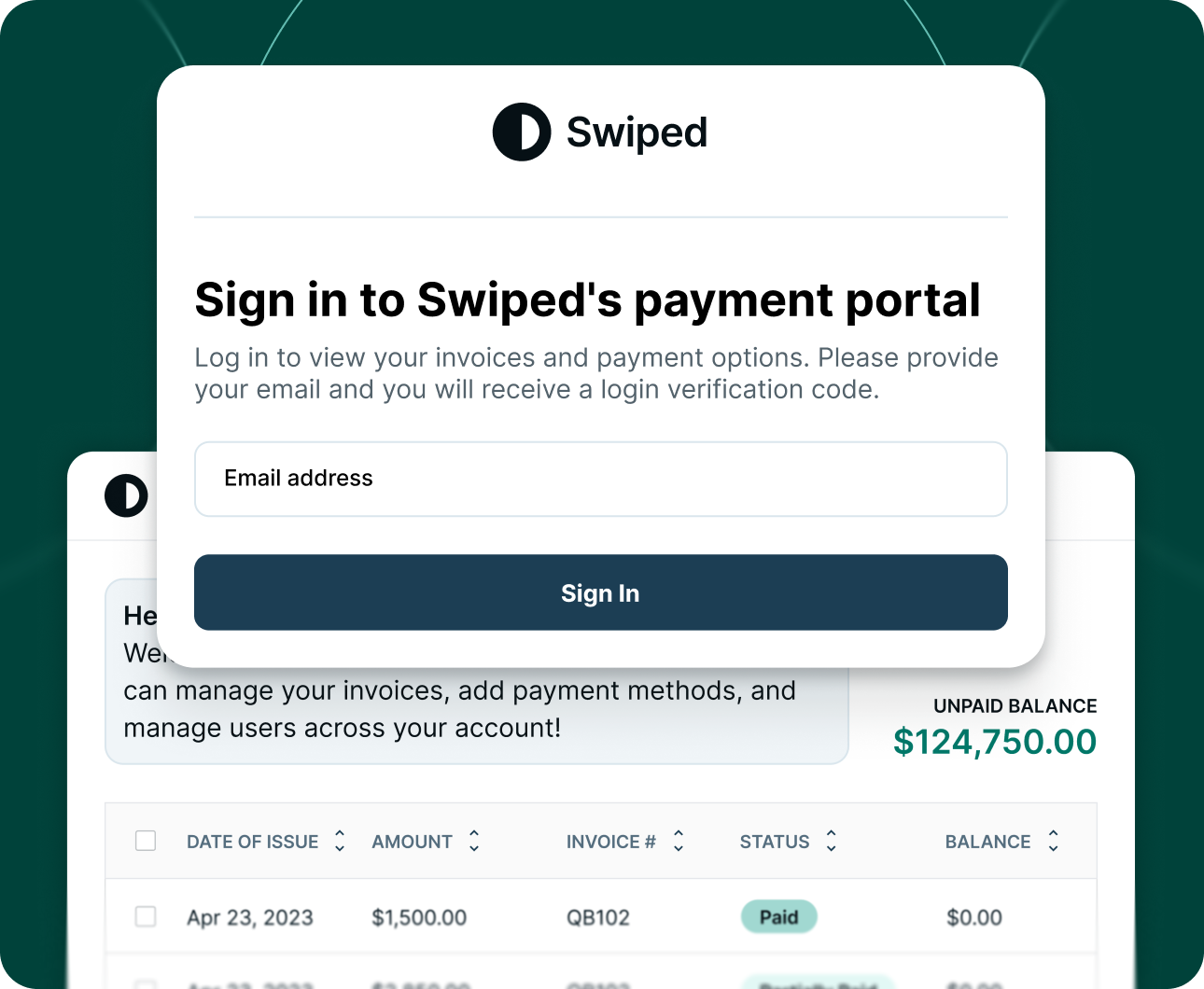 Sign-in portal for Swiped payments requesting email to receive a login verification code.