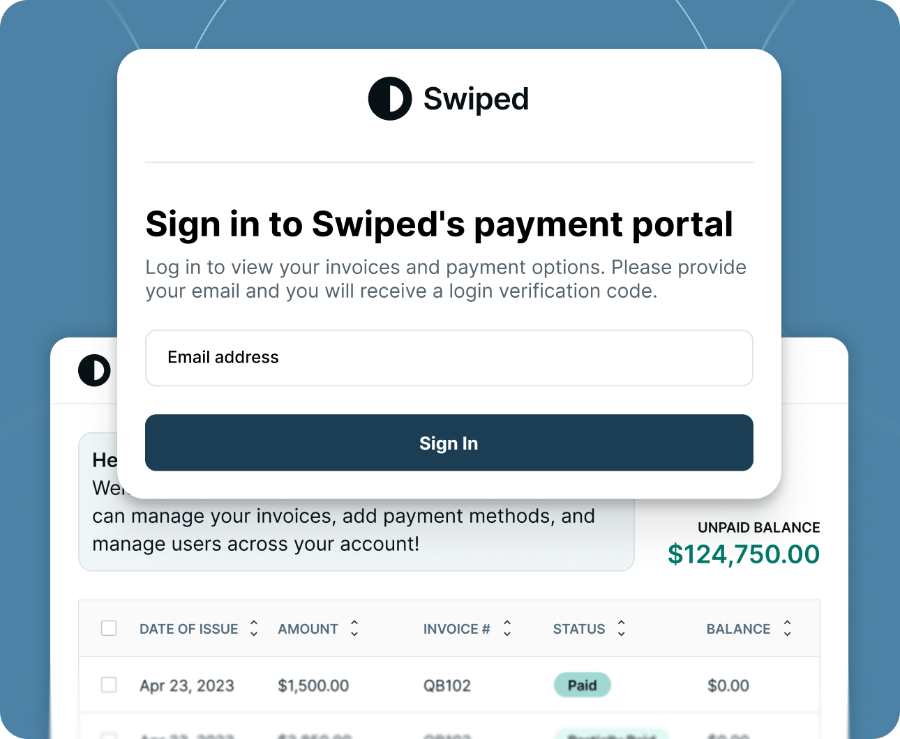 Sign in screen for Swiped payment portal requesting email to access invoices and payment options