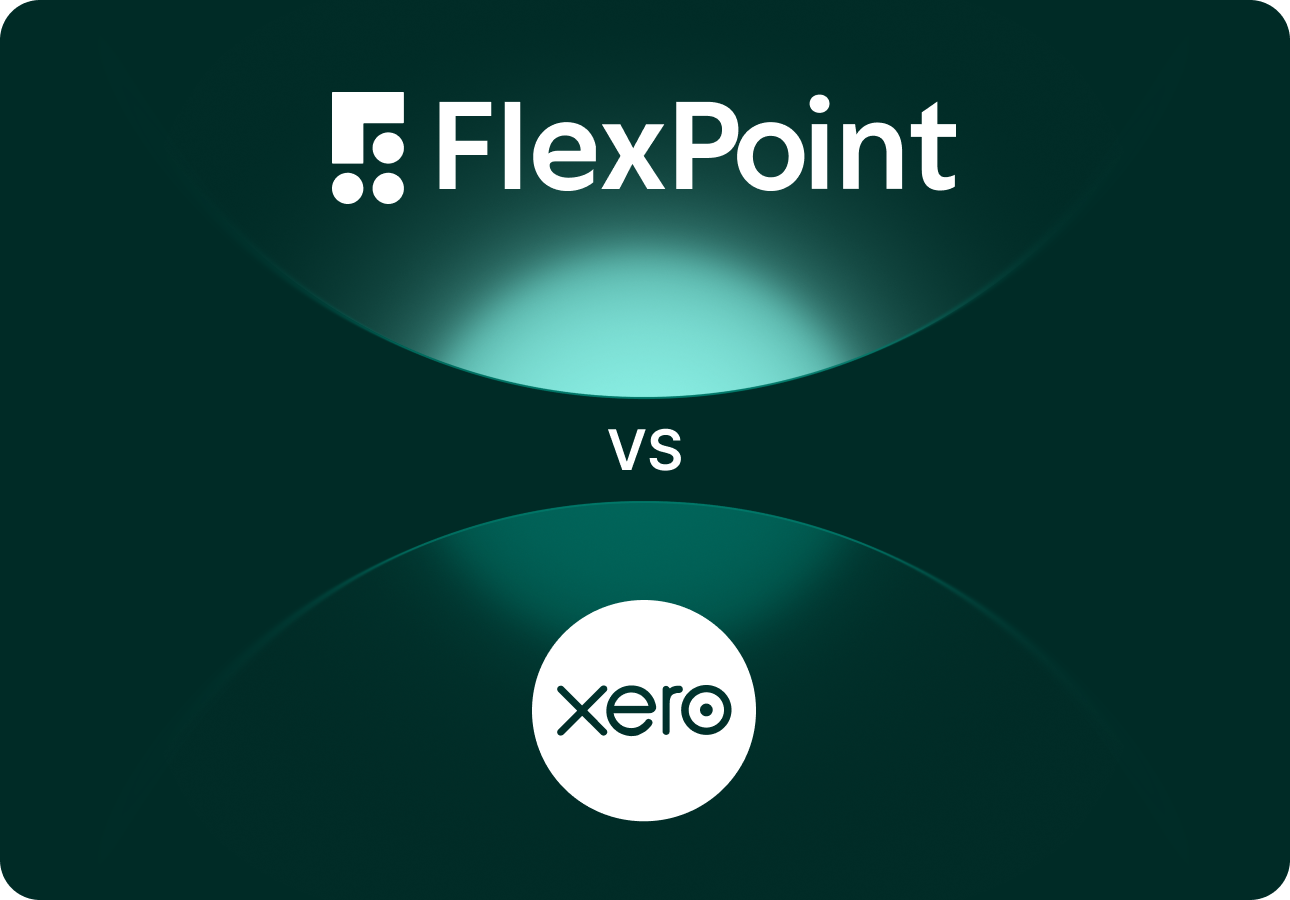 Logo of FlexPoint above versus (vs) with Xero logo below on dark teal background.