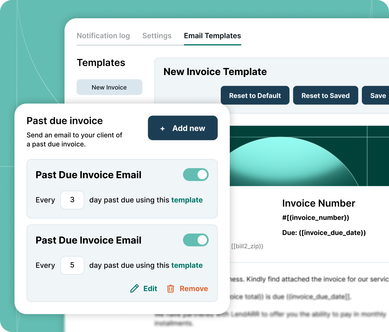 Interface showing email templates for past due invoices with options to add, edit, or remove templates.