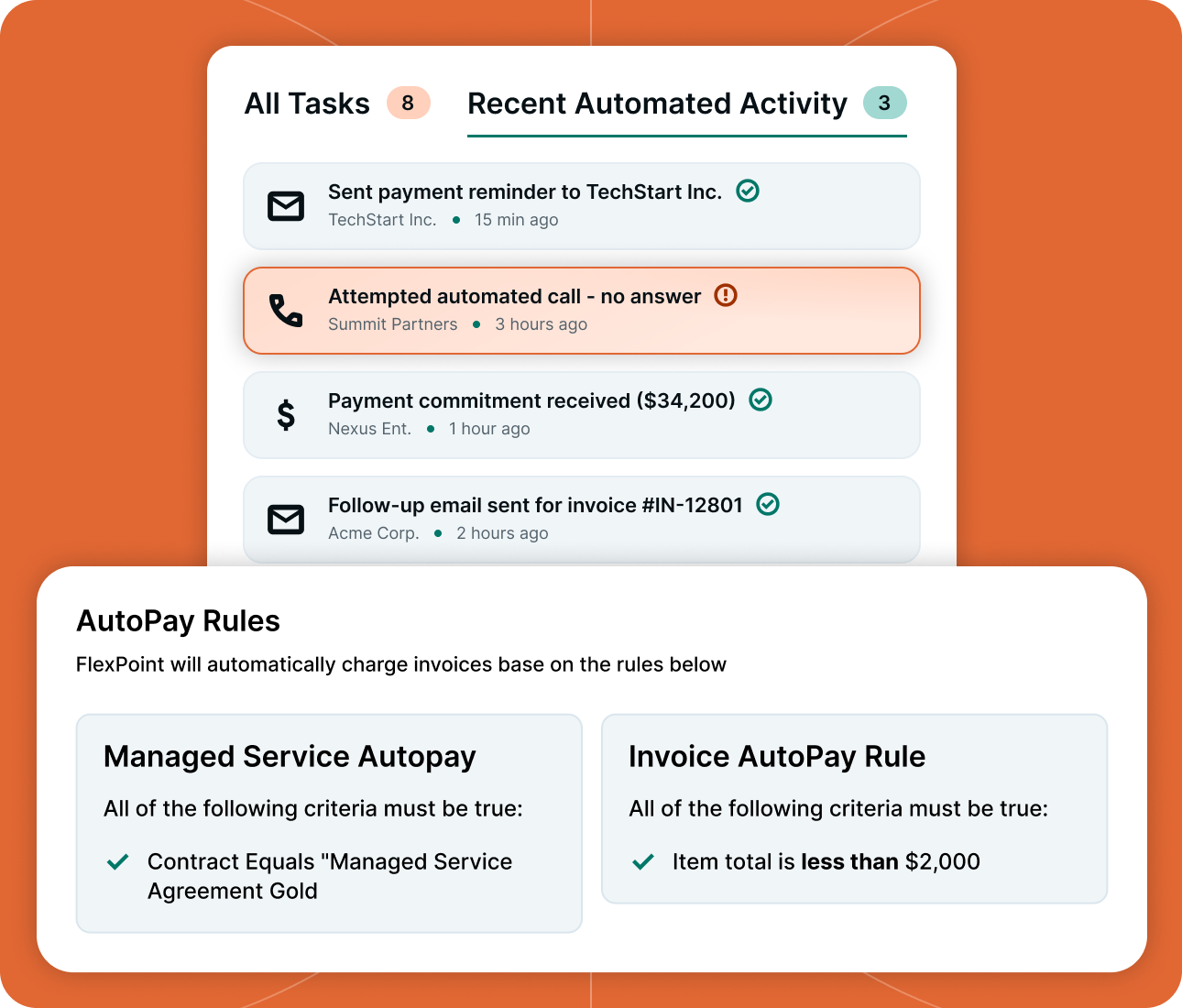 Dashboard showing recent automated activities, task counts, and AutoPay rules for managing service invoices.
