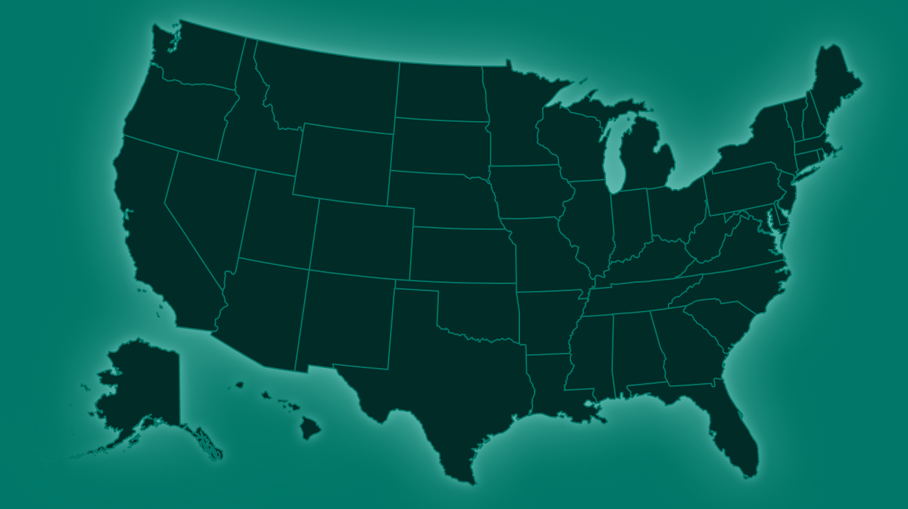Map of the United States showing all states with their borders outlined in teal.