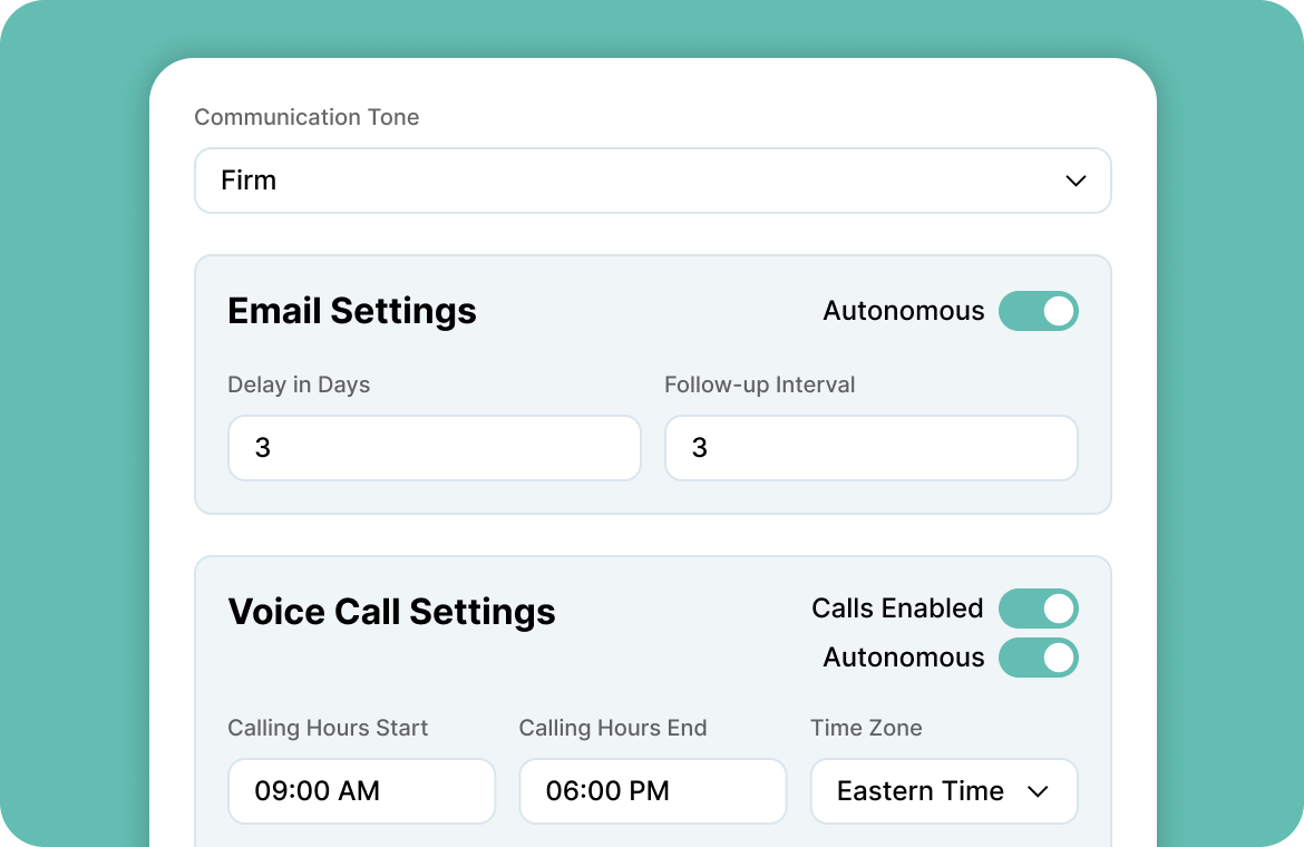Settings panel showing firm communication tone with autonomous email and voice call options enabled.