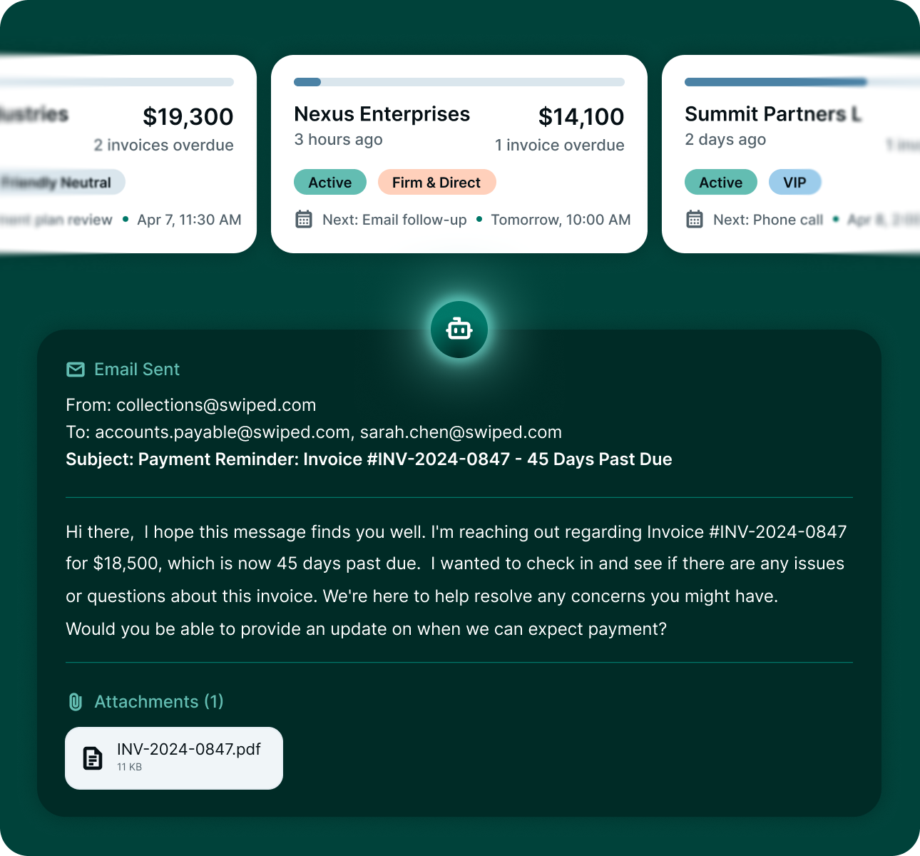 Email about Invoice #INV-2024-0847, $18,500 due 45 days ago, requesting payment update with PDF attachment.