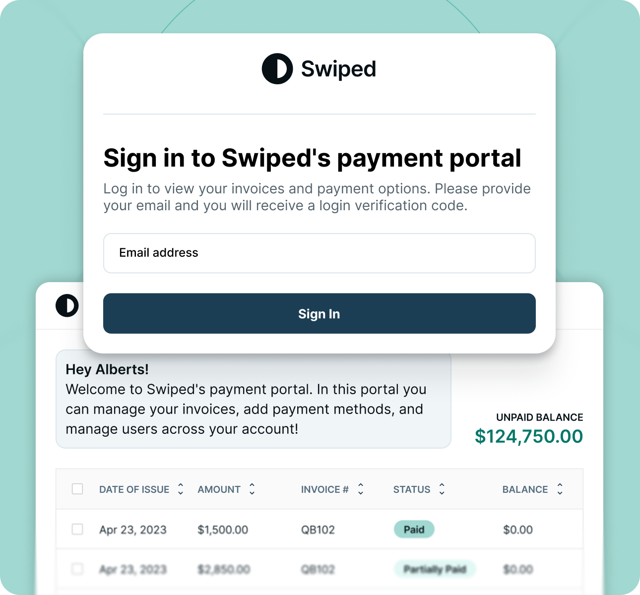 Sign-in prompt for Swiped payment portal requesting email to access invoices and payment options.