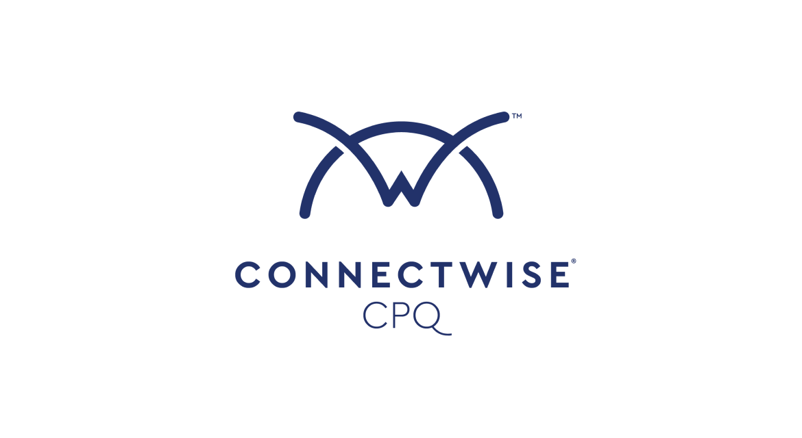 ConnectWise CPQ logo with stylized blue arcs above text on a white background.