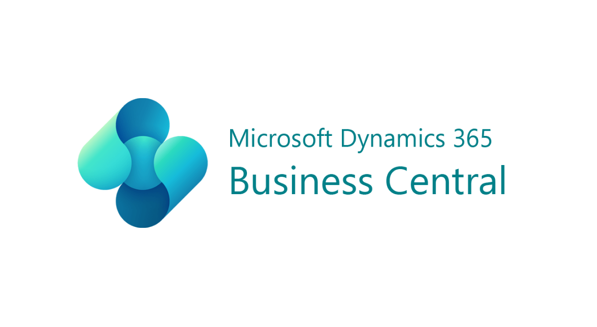 Microsoft Dynamics 365 Business Central logo with abstract blue shapes on white background.