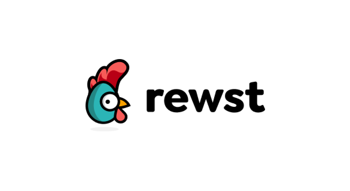 Cartoon chicken head with red comb next to black text 'rewst' on a white background.