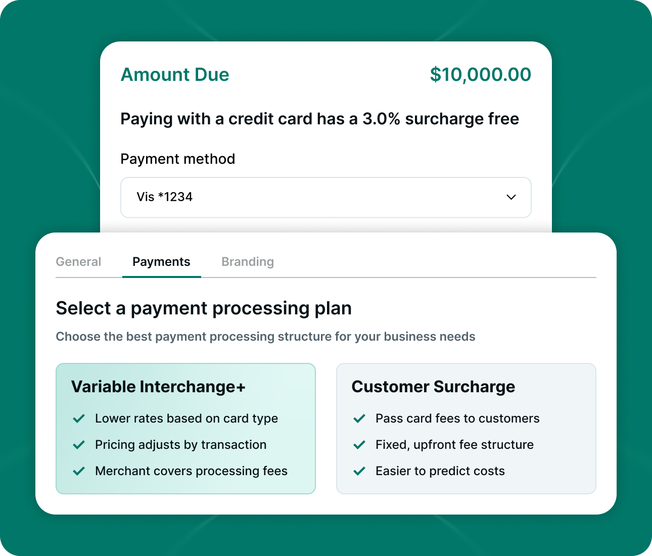 Payment screen showing $10,000 due and options for Variable Interchange+ or Customer Surcharge plans.