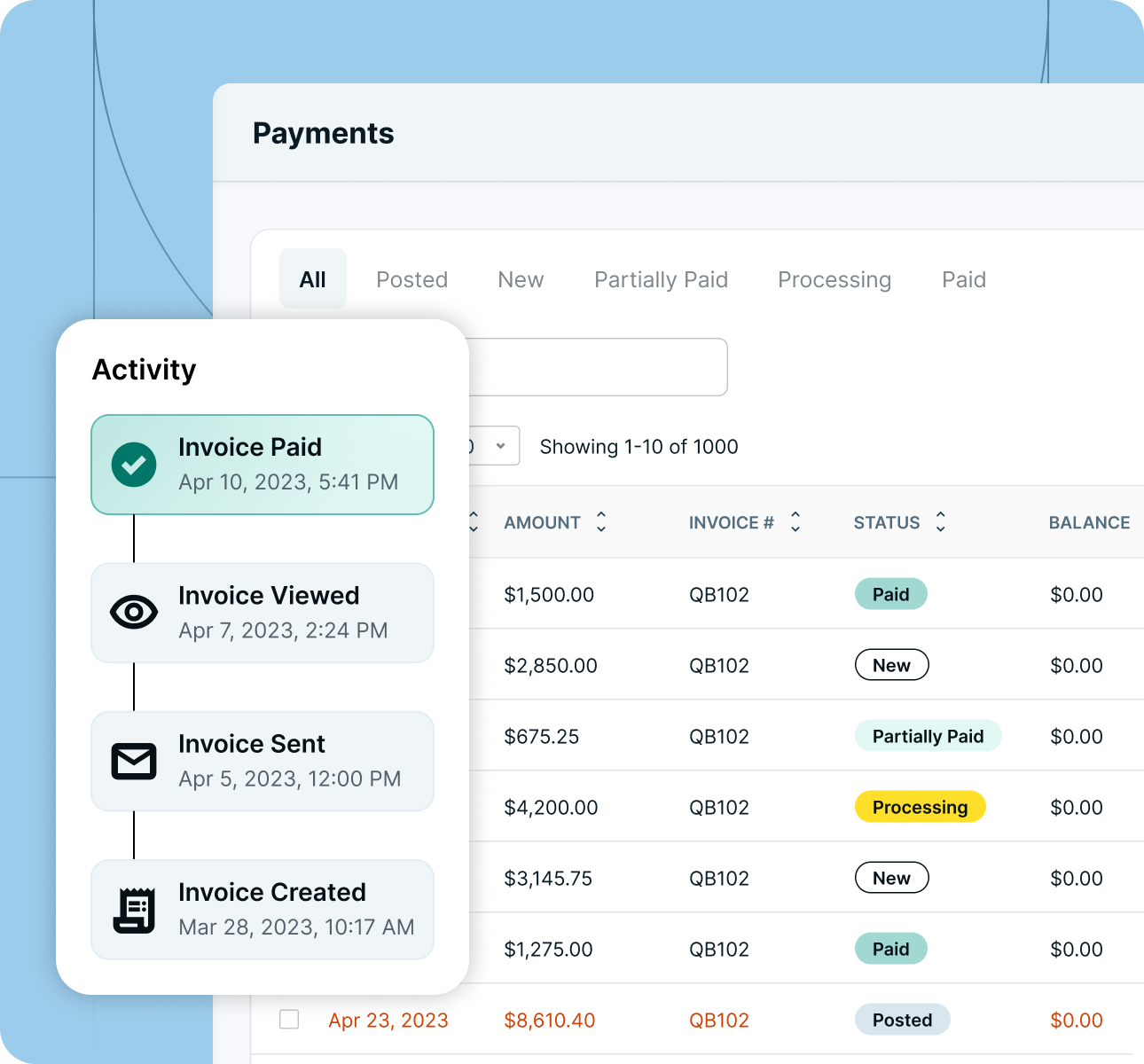 Payments interface showing invoice statuses and detailed activity timeline for invoice QB102.