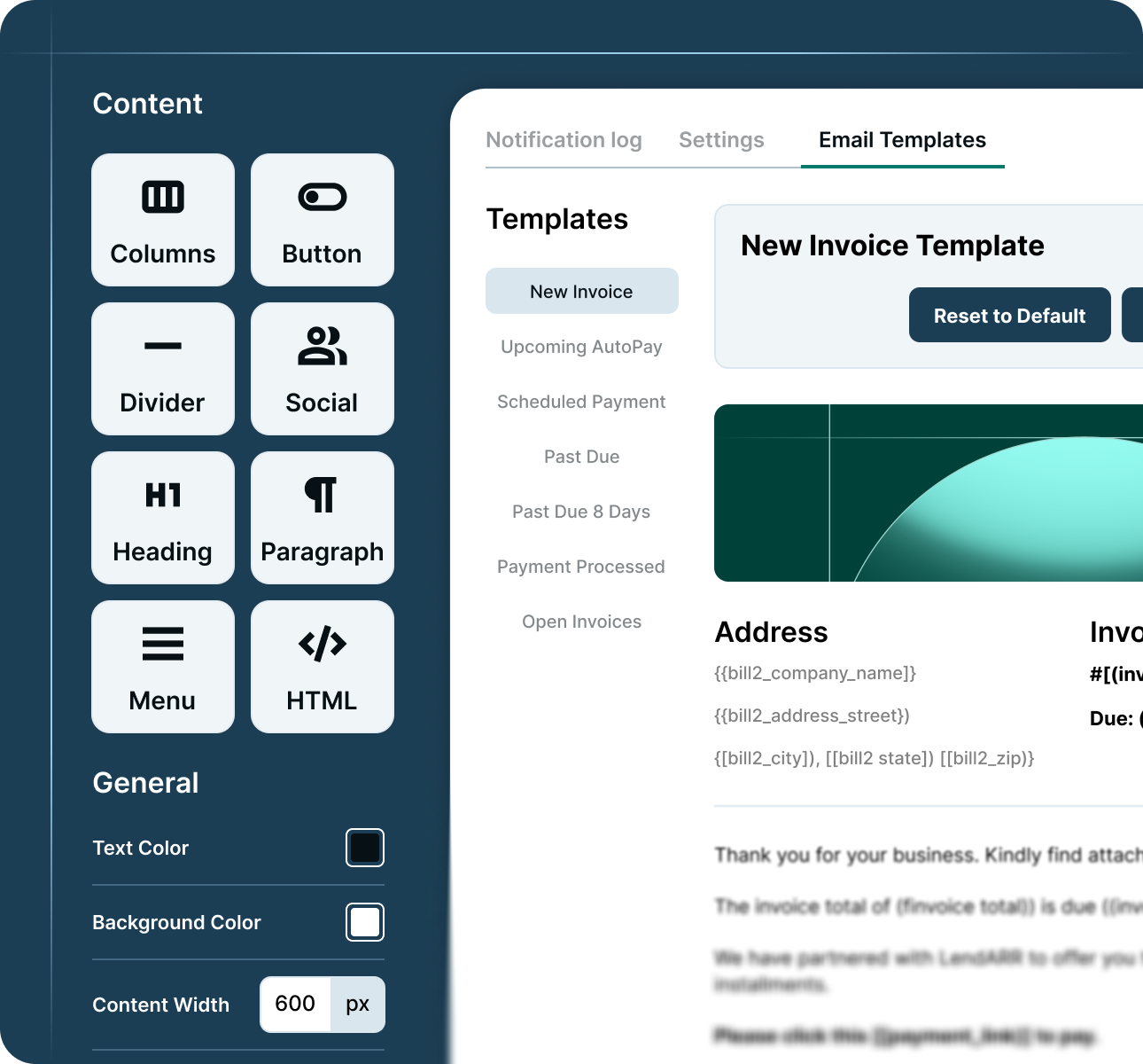 Email template editor showing options for columns, button, divider, social, heading, paragraph, menu, and HTML blocks.