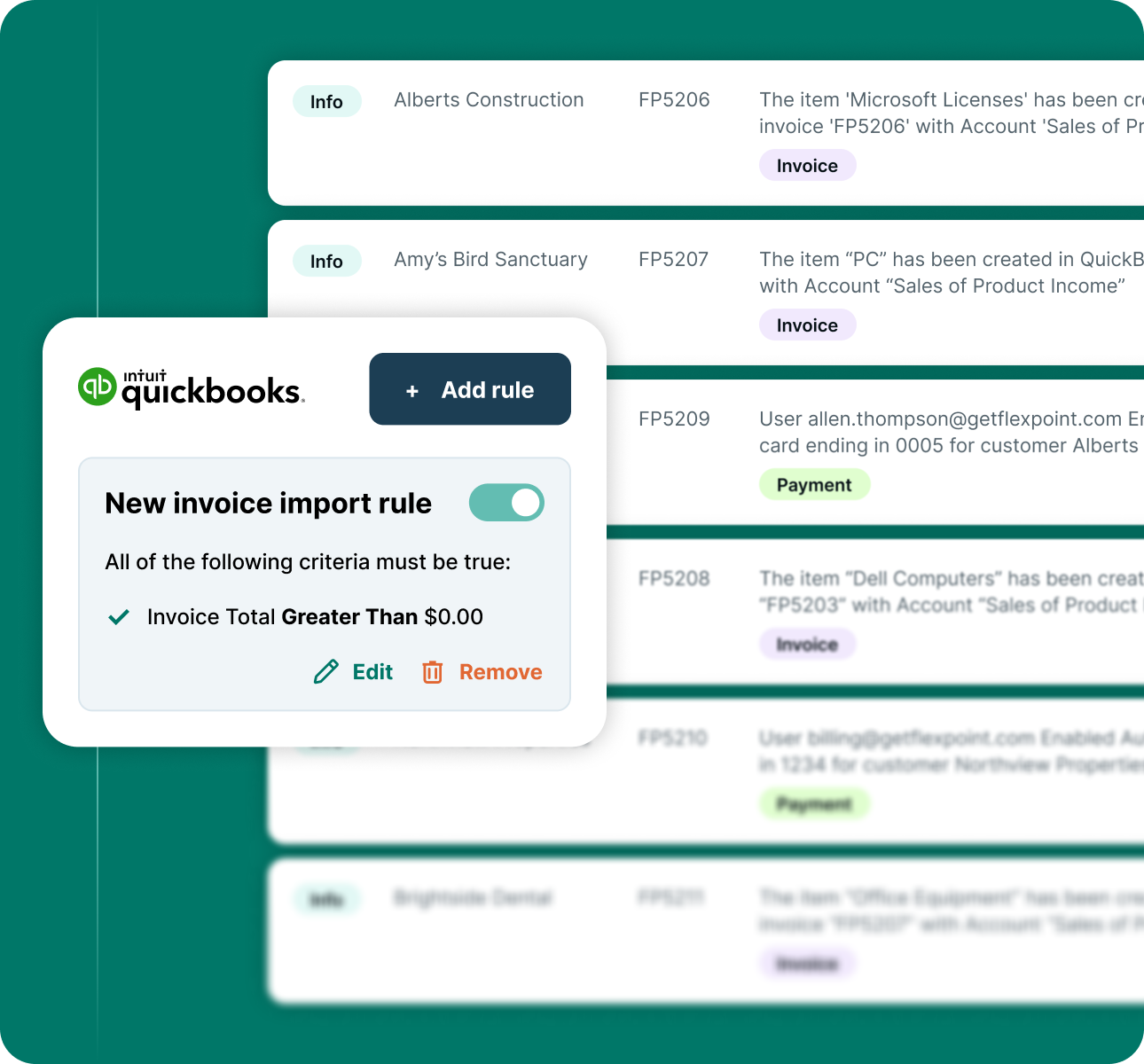 QuickBooks interface showing new invoice import rule requiring invoice total greater than zero.