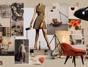 Collage featuring a tan sleeveless dress on a mannequin, a red modern chair, orange flowers, candles, a wine glass, and various artistic black-and-white sketches and photographs.
