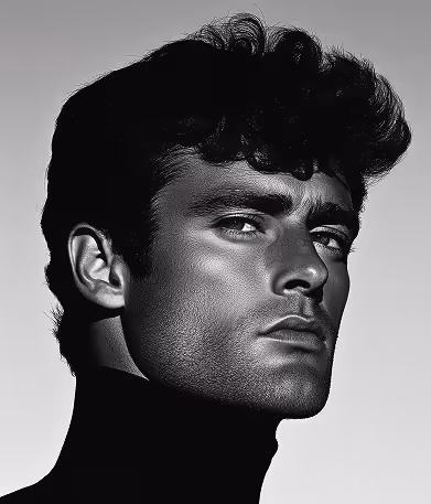 Black and white close-up portrait of a man with curly hair wearing a turtleneck, looking sideways with a serious expression.