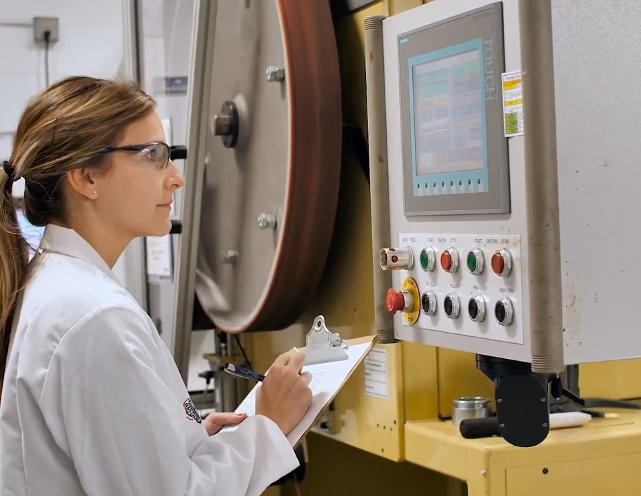 Woman in lab coat and goggles writing on clipboard while monitoring industrial machine controls.