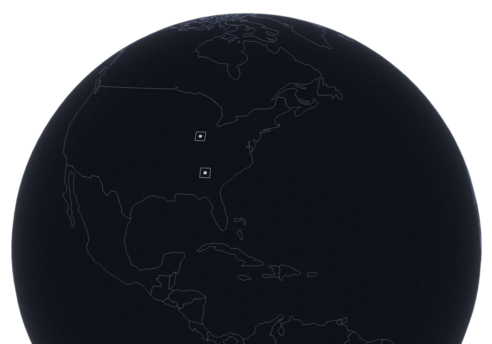 Dark globe showing North America with faint country borders and two highlighted square markers.