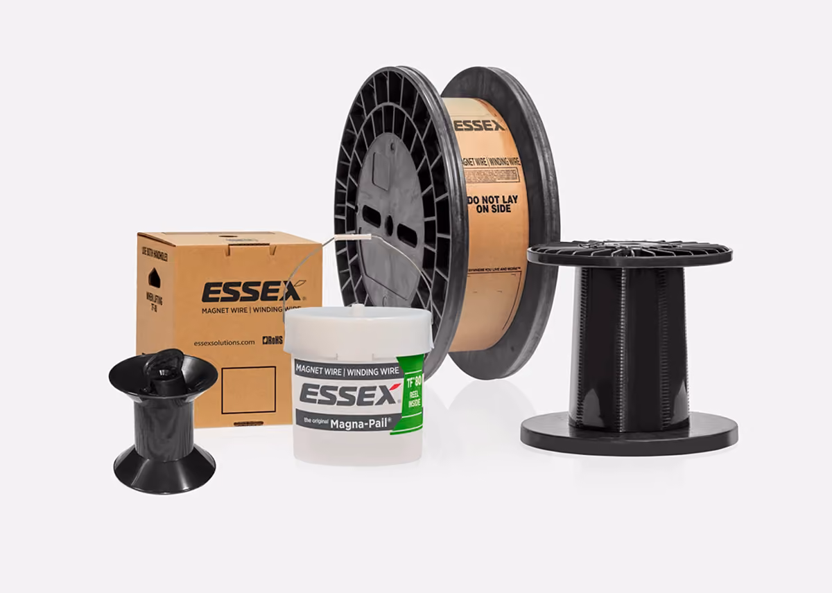 Various Essex branded magnet wire packaging including reels, spool, and carton box on a white background.