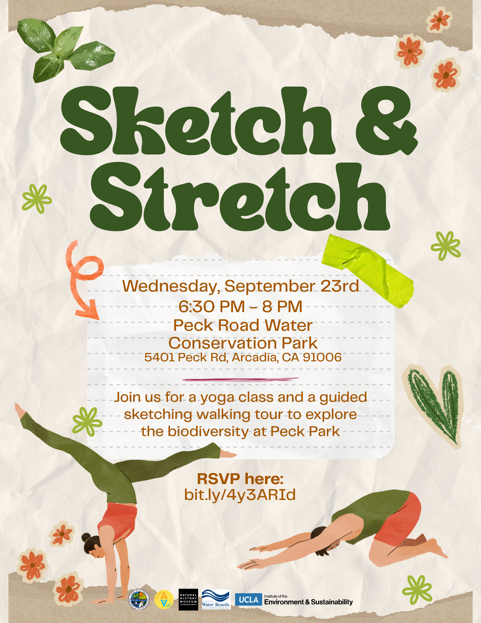 Sketch and Stretch flyer. Two illustrated figures in yoga poses on a torn-paper collage background with leaves and flowers. Wednesday, September 23rd, 6:30 to 8pm at Peck Road Water Conservation Park, 5401 Peck Rd, Arcadia, CA 91006. A yoga class and guided sketching walking tour to explore the biodiversity at Peck Park.