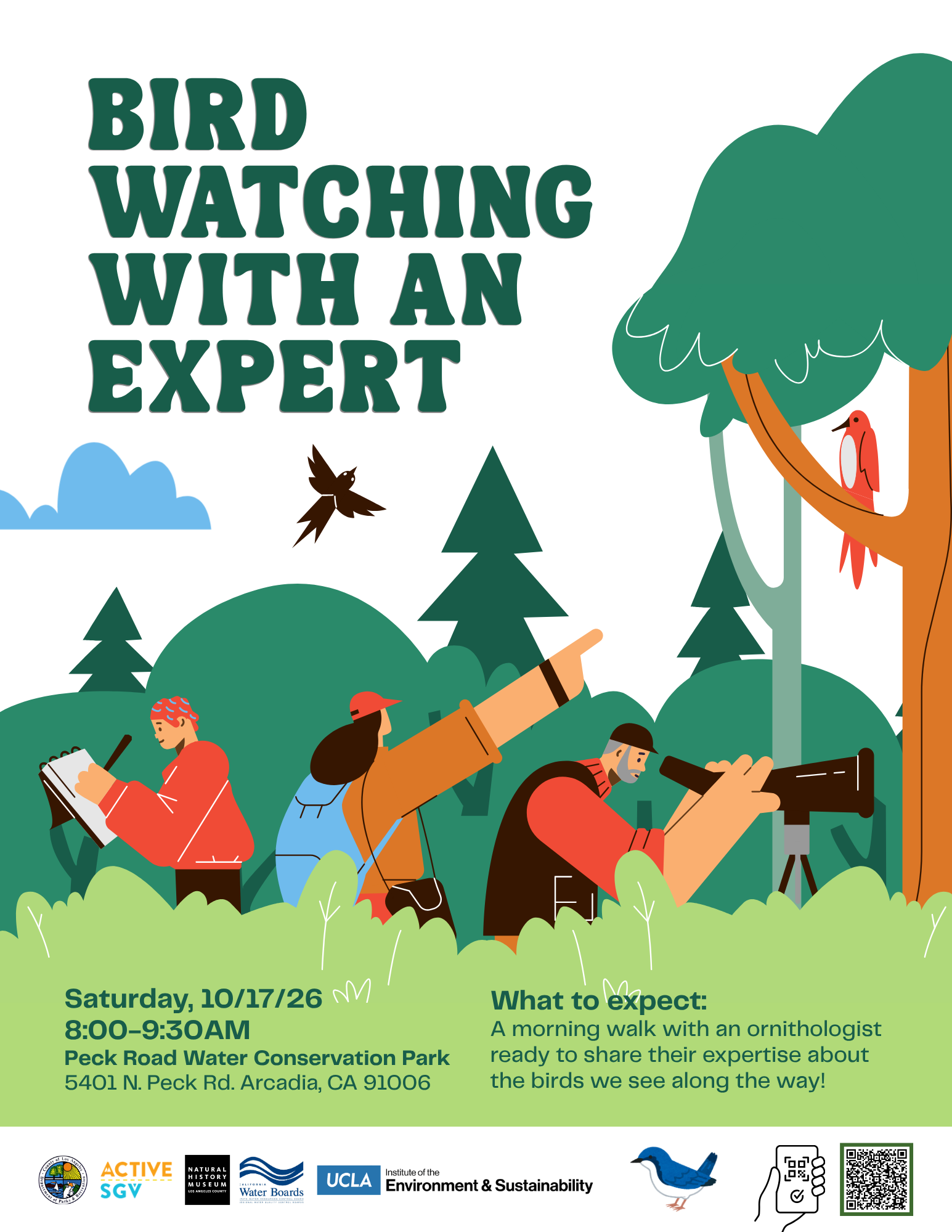 Bird Watching with an Expert flyer. Illustrated birdwatchers in a green forest sketch in a notebook, point at a red woodpecker, and look through a spotting scope. Saturday, October 17th, 8 to 9:30am at Peck Road Water Conservation Park, 5401 Peck Rd, Arcadia, CA 91006. A morning walk with an ornithologist who will share their expertise about the birds we see along the way.