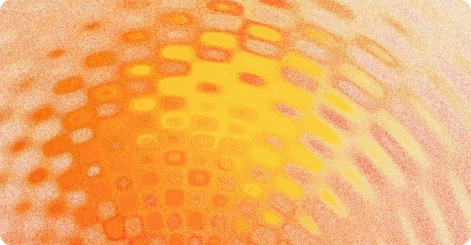 Abstract orange and yellow pattern with curved, grid-like shapes radiating outward.