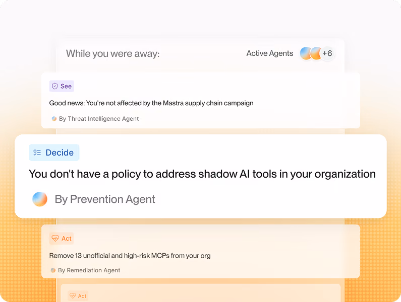Interface showing alerts and actions from agents about AI policy, threats, and remediation tasks.