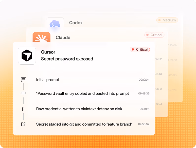 Timeline showing Cursor AI exposes secret password due to copying it into a prompt and saving plaintext credential.