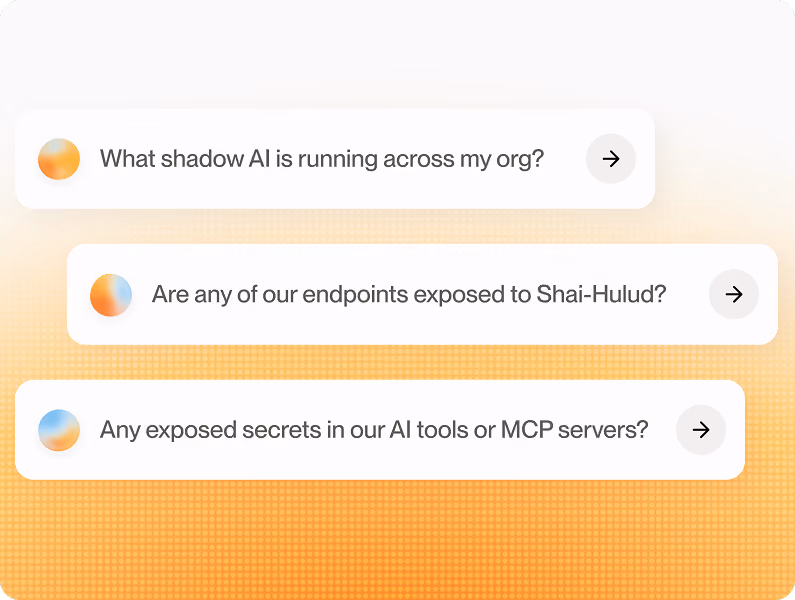 Three text boxes with AI-related questions about shadow AI, endpoints, and exposed secrets on a gradient background.