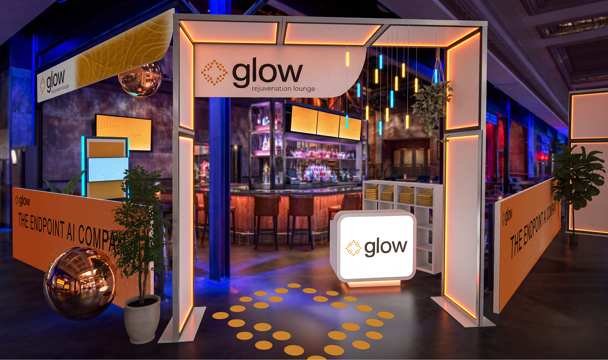 Modern lounge entrance with Glow signage, illuminated accents, plants, and a cozy bar in the background.