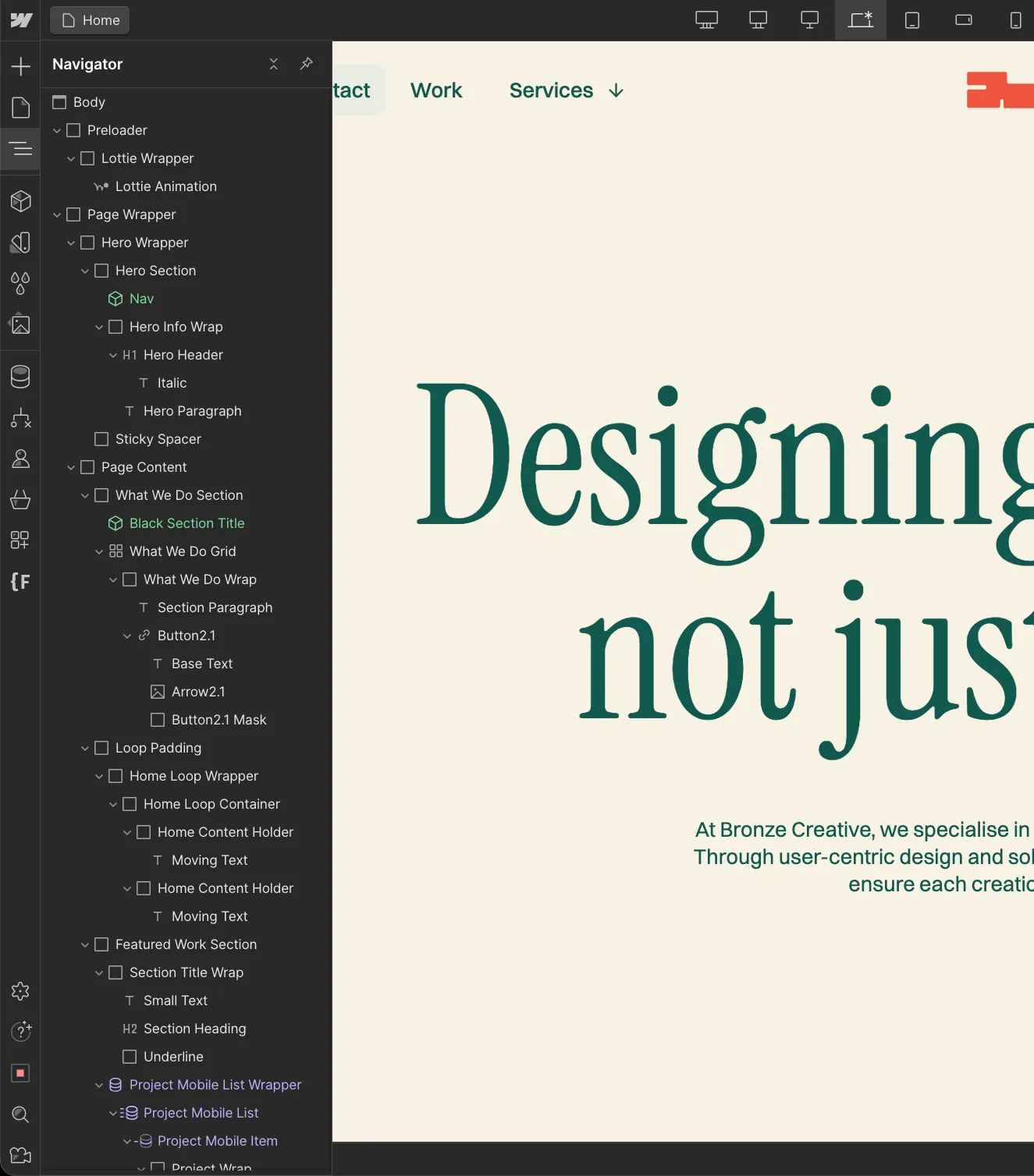 screenshot of webflow elements in the navigator