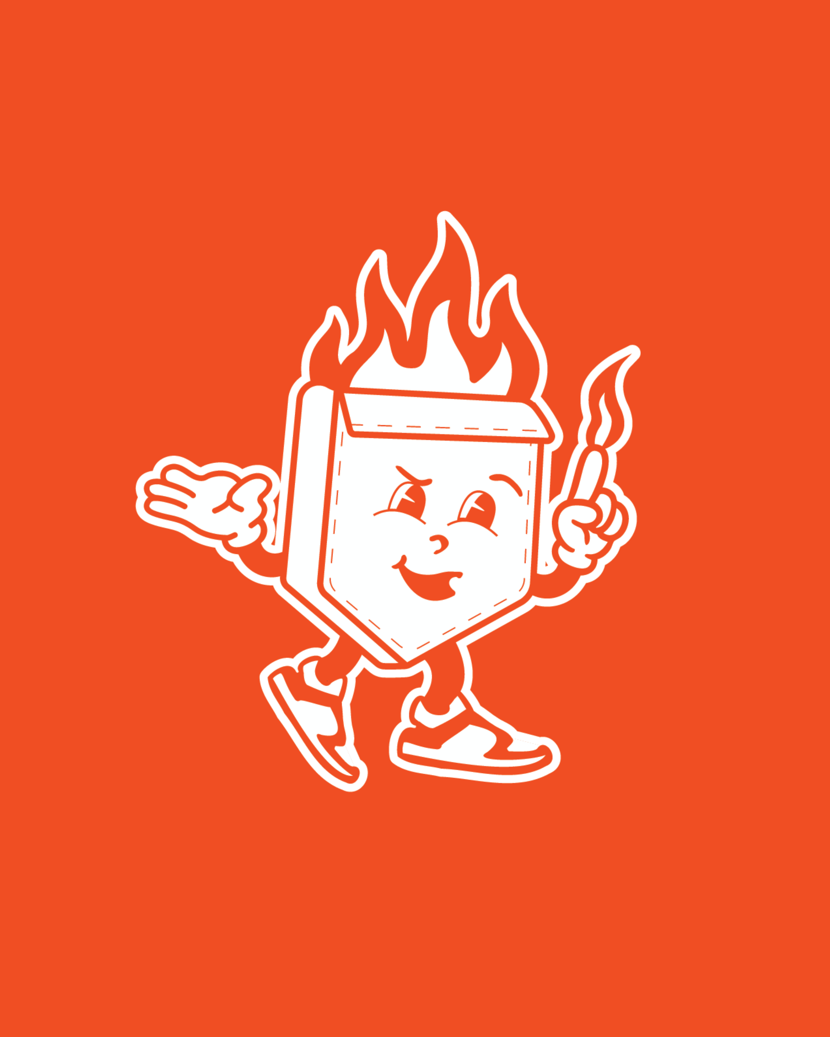 Photo of a white cartoon logo with an orange background
