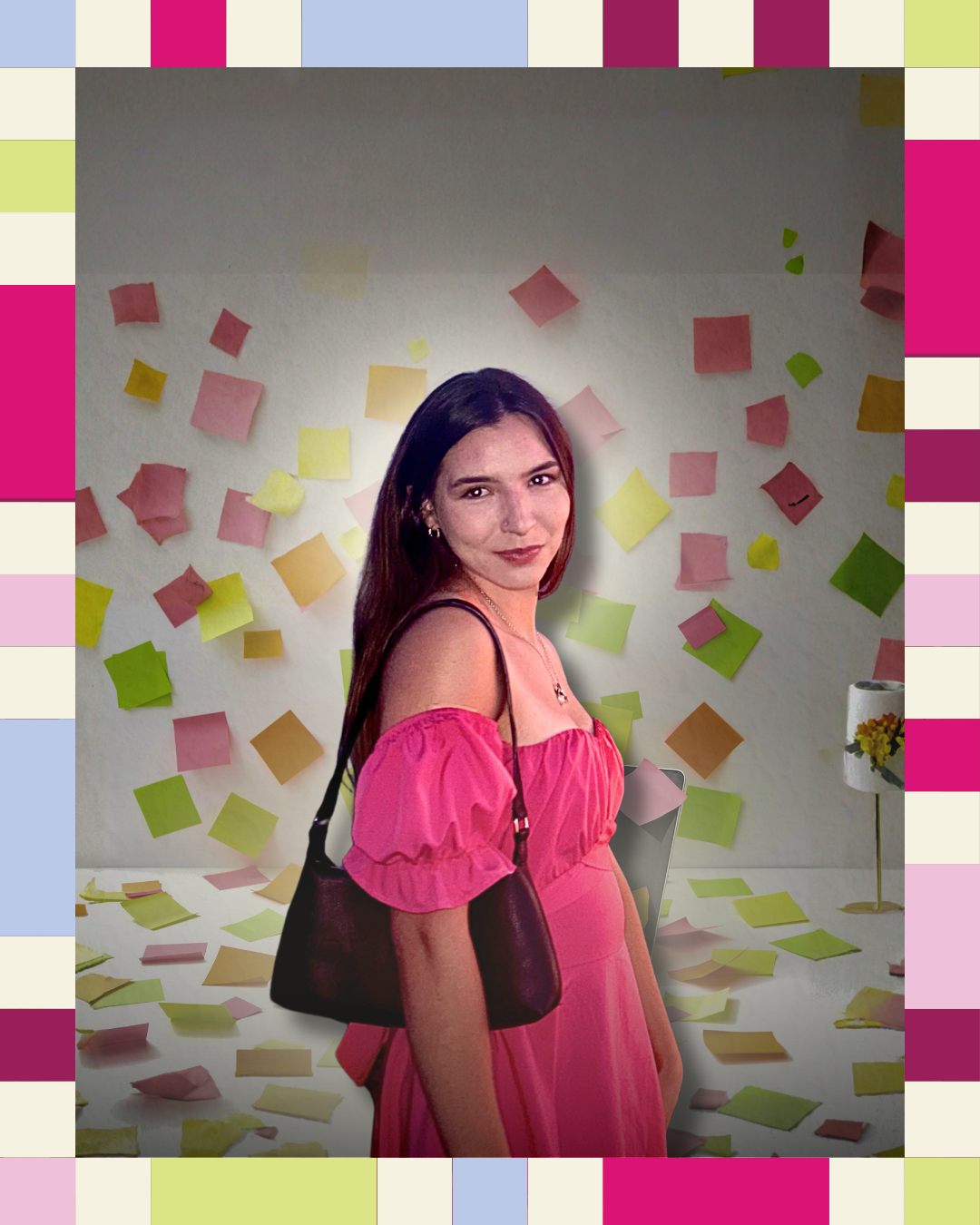 woman posing in hot pink dress in a colorful frame with scattered sticky notes behind her.