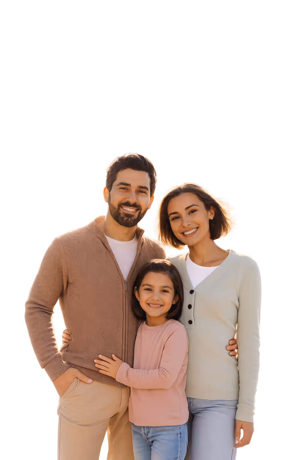 Smiling family of three with father, mother, and daughter standing close together.