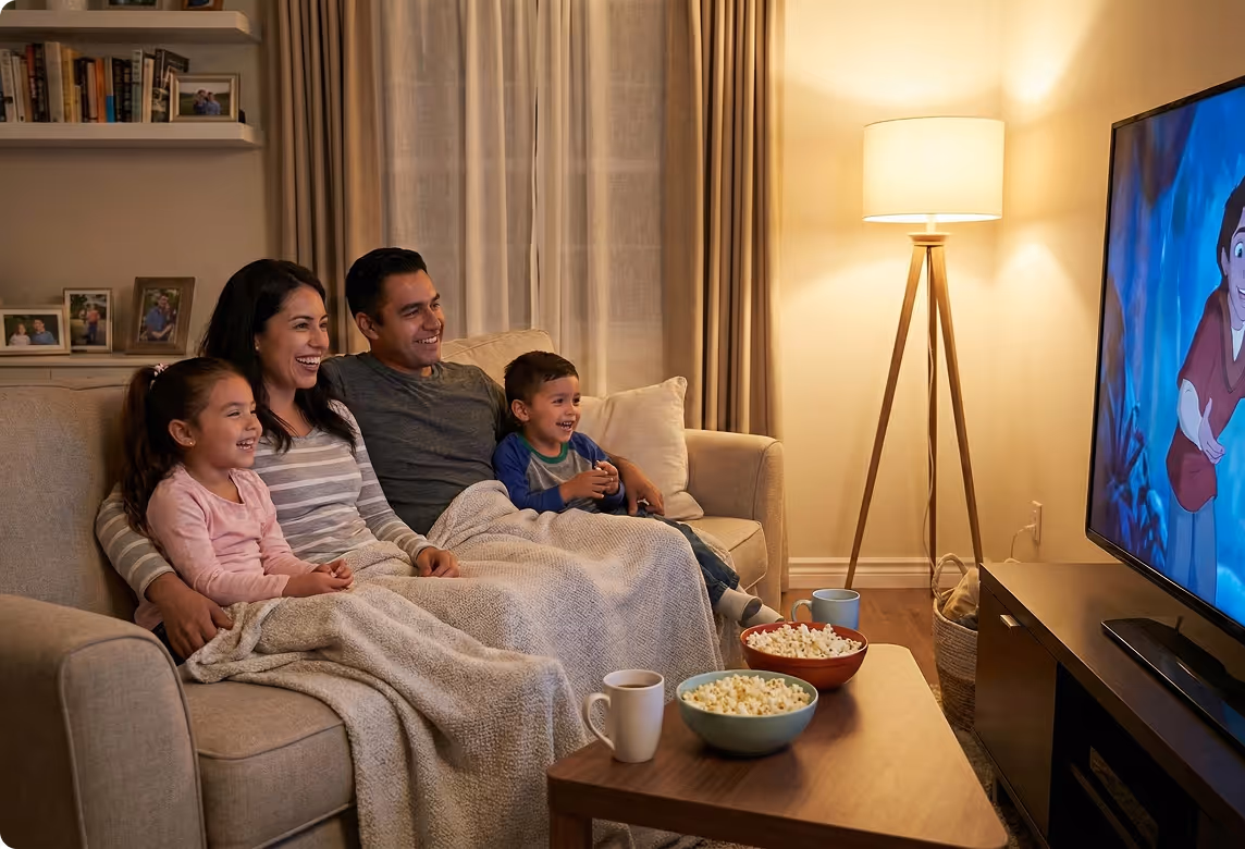 Family of four sitting on a couch under a blanket, smiling and watching an animated movie on TV with bowls of popcorn on the table.