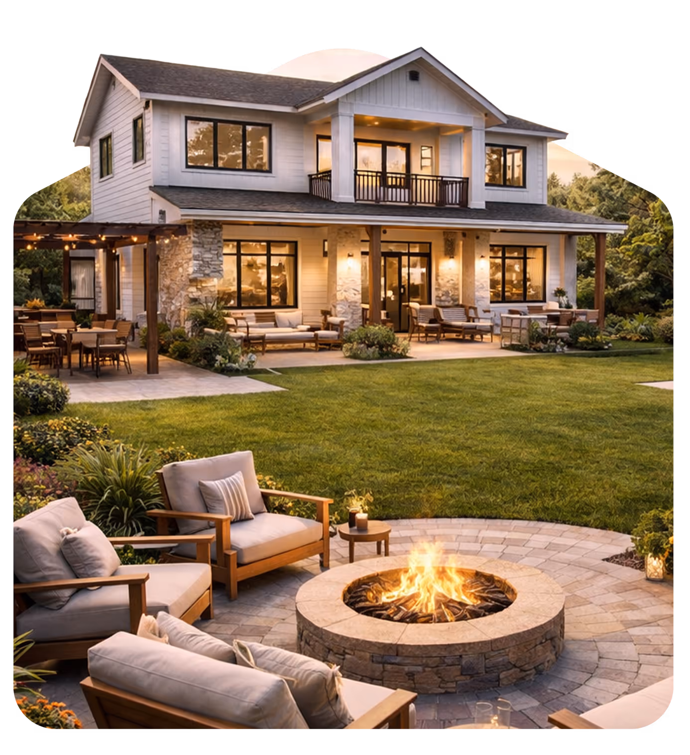 Modern two-story house with a spacious backyard patio featuring cushioned wooden chairs around a lit stone fire pit at dusk.