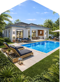 Modern single-story house with outdoor seating area and a swimming pool surrounded by greenery.