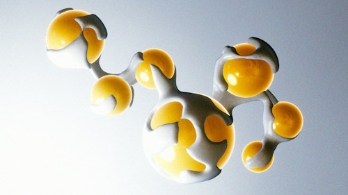 Yellow spherical molecules intertwined with tissue - meant to represent fat grafting