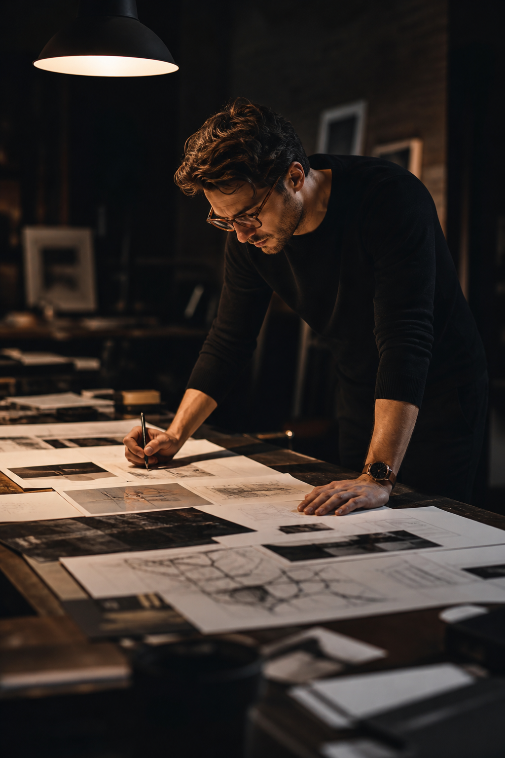 A designer leaning over a drafting table covered in sketches in a dramatic studio space