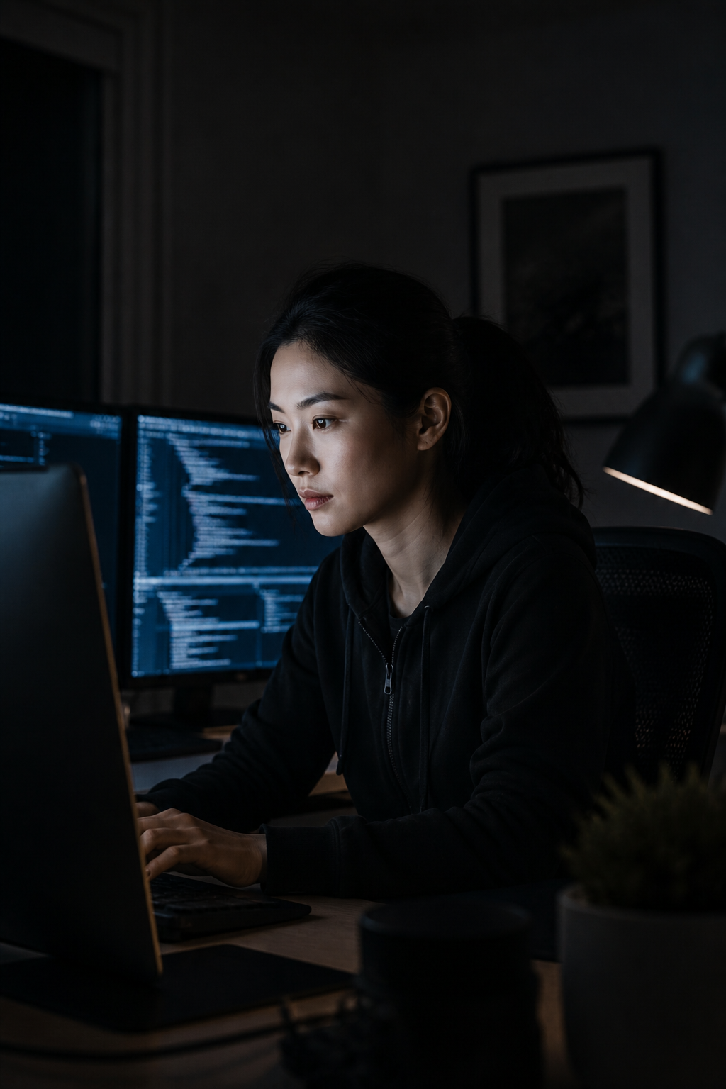 A developer working at a standing desk with multiple monitors in a modern workspace