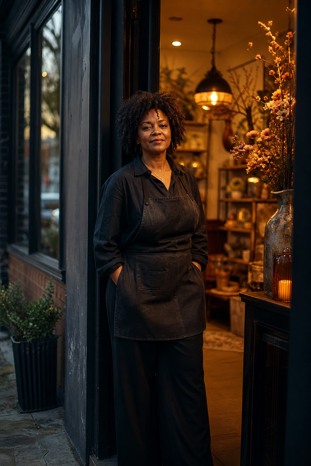A small business owner standing confidently in the doorway of her shop at dusk