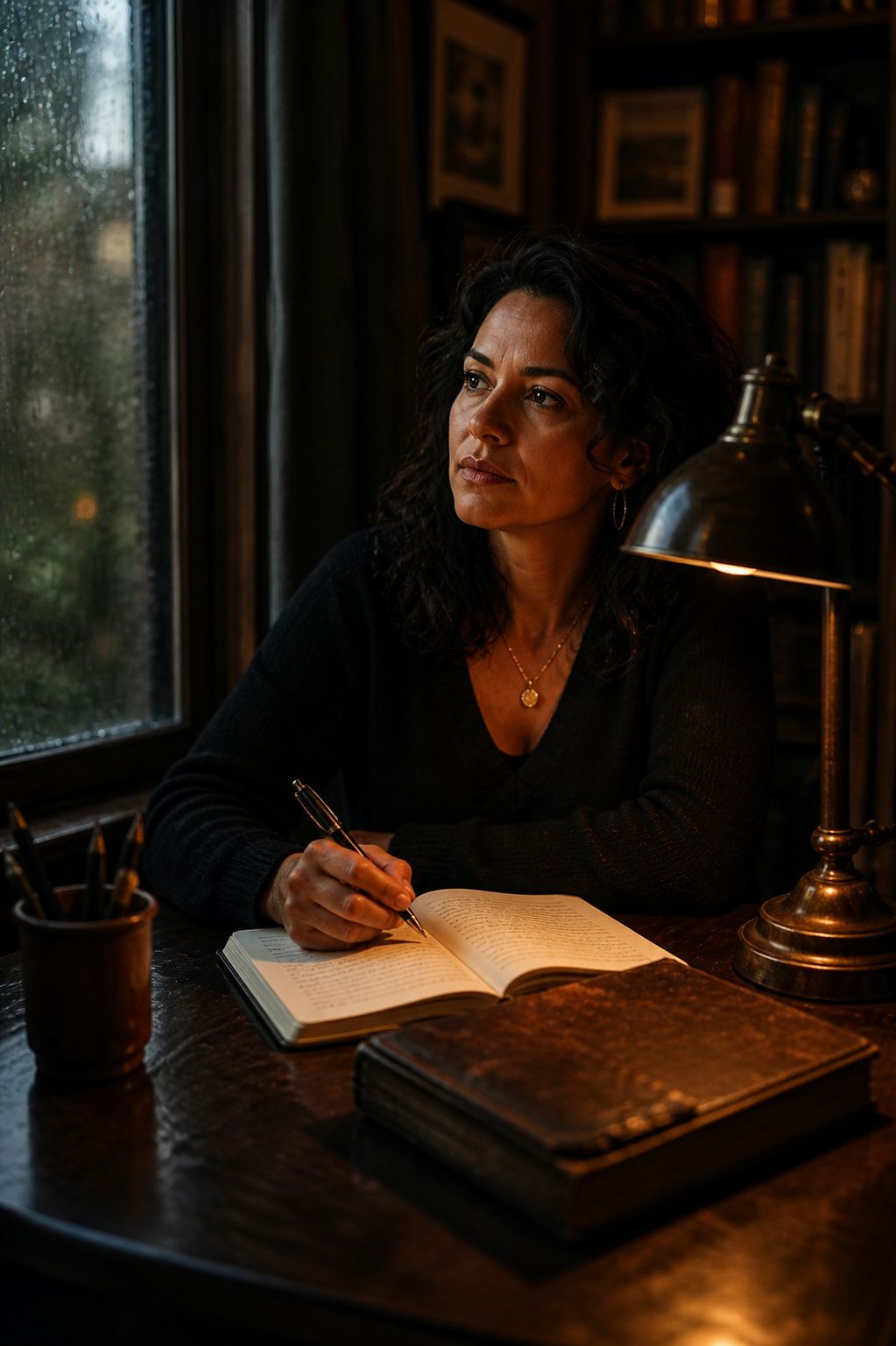 A writer working at a dark wooden desk with a manuscript and lamp in a moody study