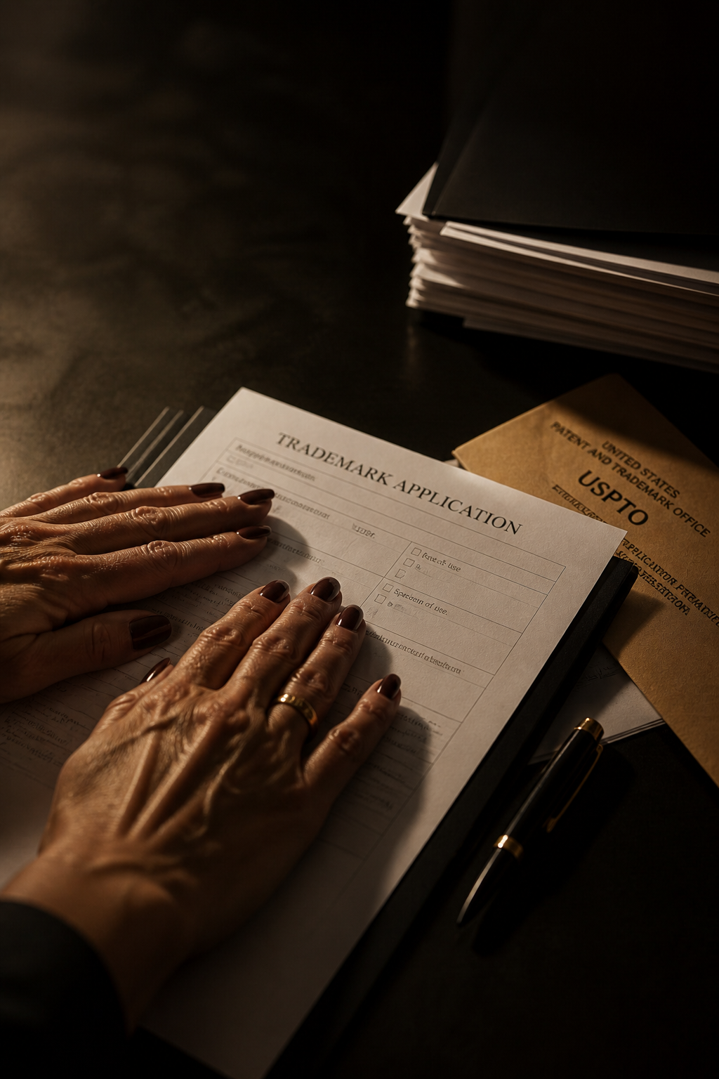 Close-up of hands filing a trademark application with a USPTO envelope on a dark desk