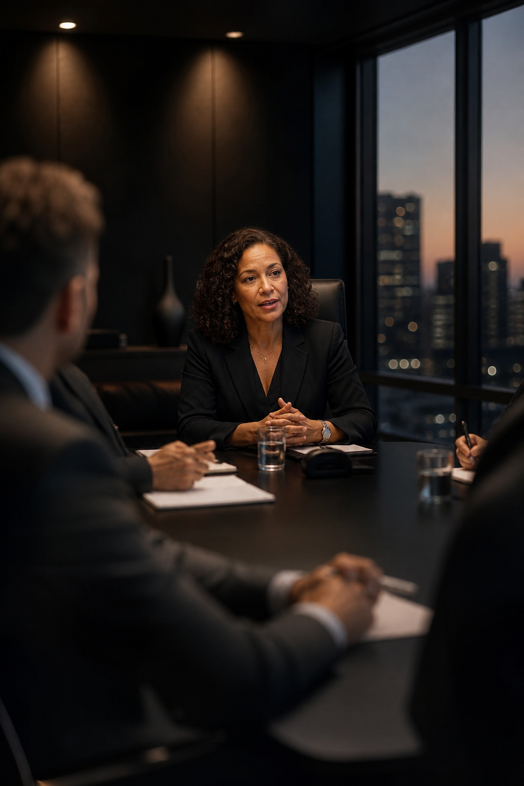 A brand executive leading a meeting in a premium dark boardroom with city views