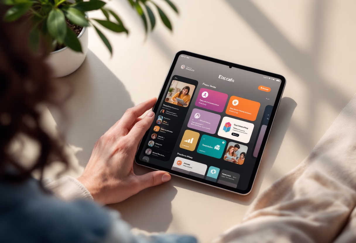 <image of a tablet with an educational app (for a edtech)>