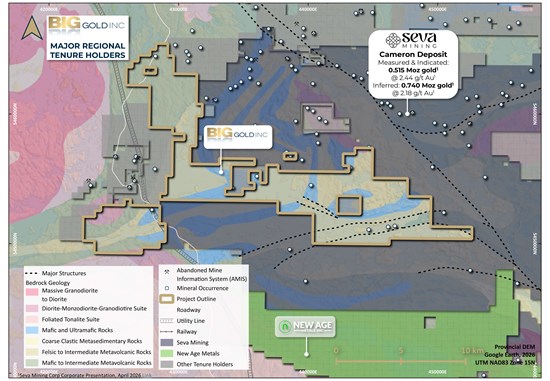 Figure 3 - Martin Kenty Project: major regional tenure holders and bedrock geology, Cameron Lake Gold Belt