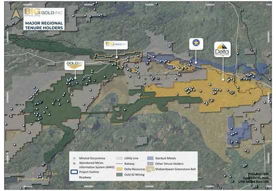 Figure 1 - Tabor Project: major regional tenure holders in the Shebandowan Greenstone Belt