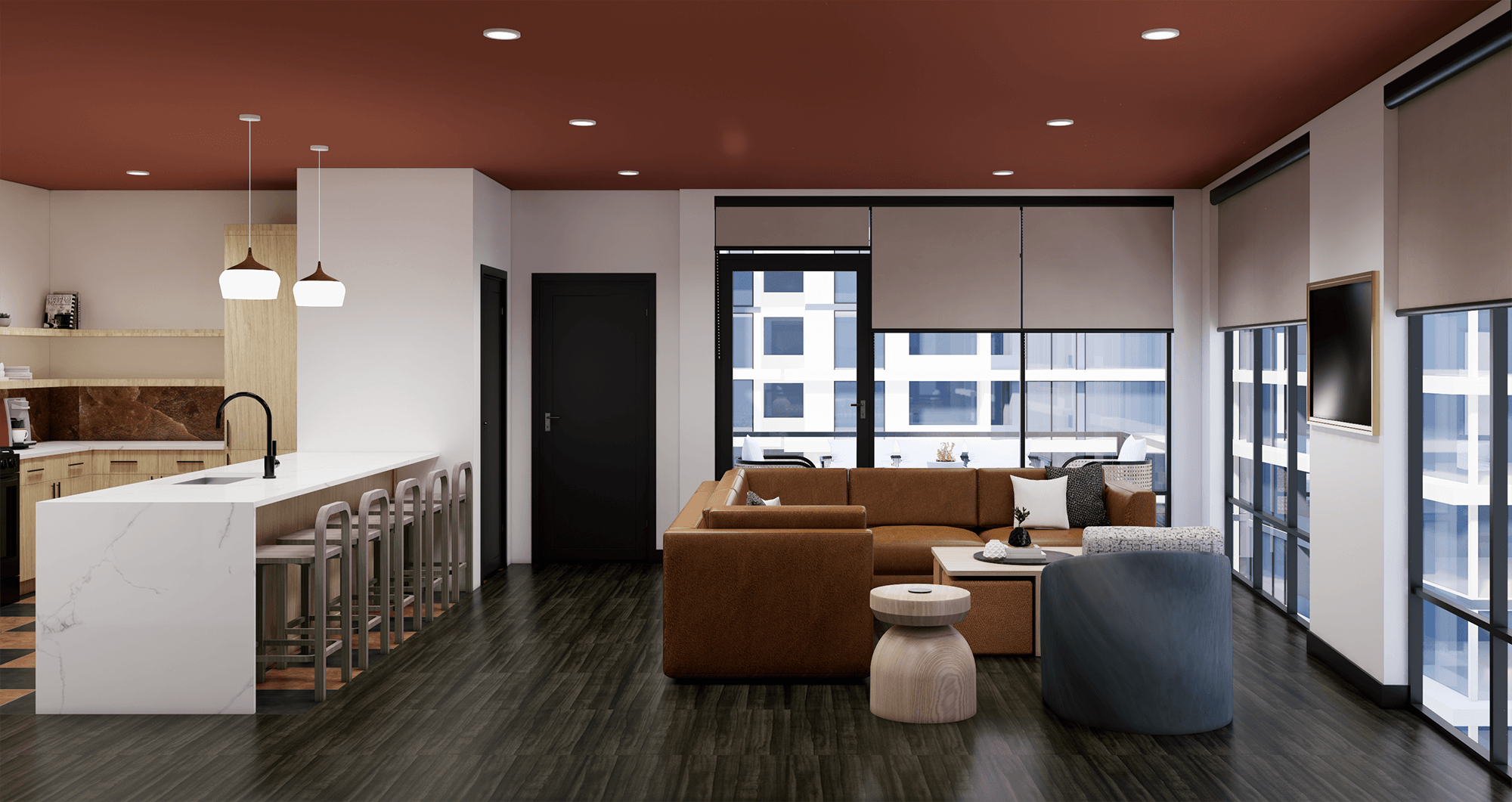 Common area in The Quinley suite hotel room in The Gulch, Nashville