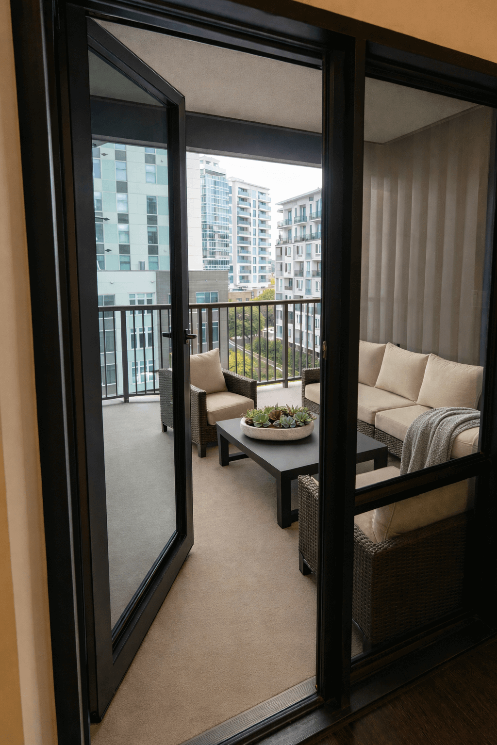 Open door to the balcony in a boutique hotel room suite at The Quinley in The Gulch, Nashville